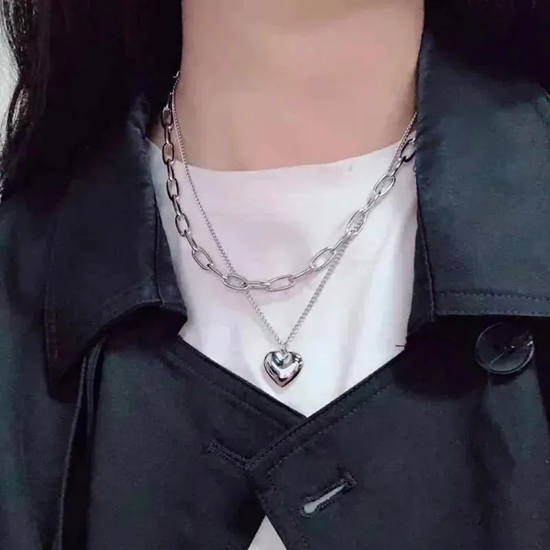 Love Heart Silver Necklace For Women Elegant Fashion Punk Party Pendant Chain Birthday Gift Sweet Accessories Charm Jewelry