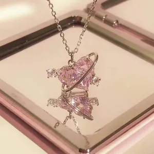 Love Heart Silver Necklace For Women Elegant Fashion Punk Party Pendant Chain Birthday Gift Sweet Accessories Charm Jewelry