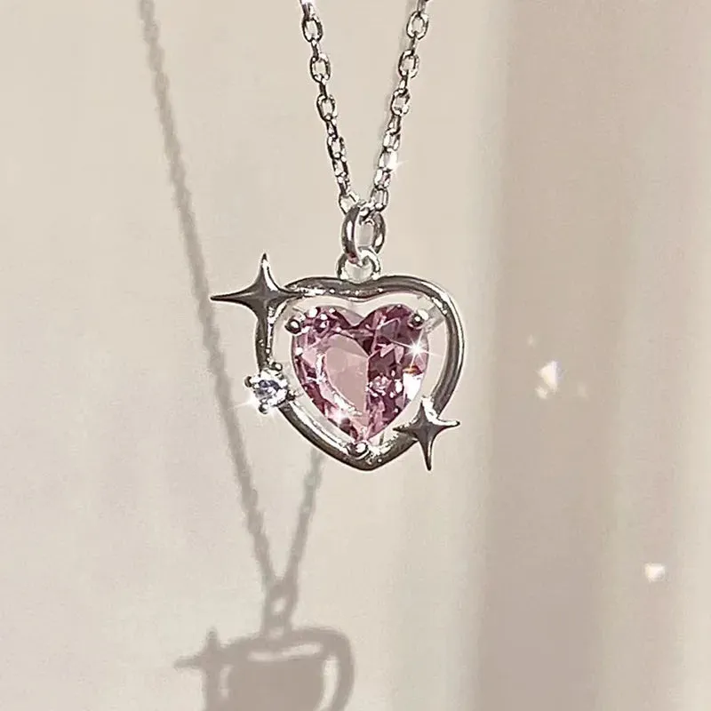 Love Heart Silver Necklace For Women Elegant Fashion Punk Party Pendant Chain Birthday Gift Sweet Accessories Charm Jewelry