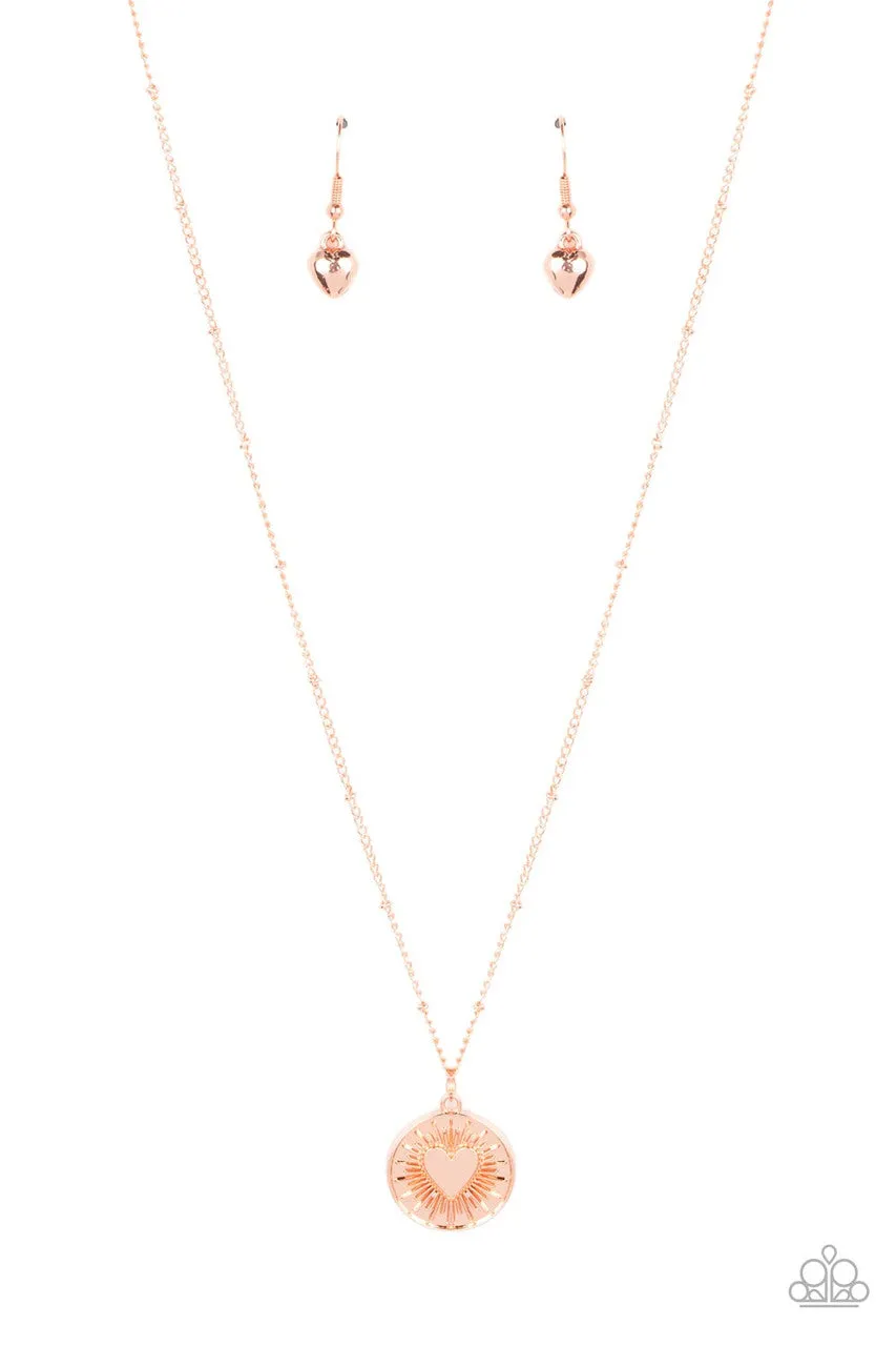 Lovestruck Shimmer - Copper - Heart Starburst Pendant Paparazzi Short Dainty Necklace