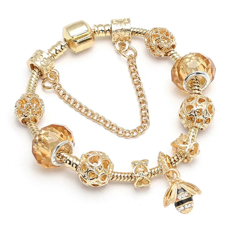 Luxury Crystal Bees Gold Color Charm Bracelet For Girl Murano Glass Beads Fine Bracelet For Women Couple DIY Jewelry Gift