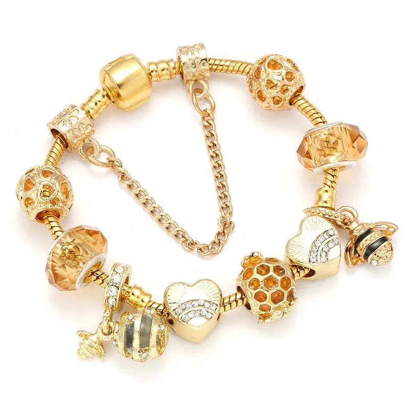 Luxury Crystal Bees Gold Color Charm Bracelet For Girl Murano Glass Beads Fine Bracelet For Women Couple DIY Jewelry Gift