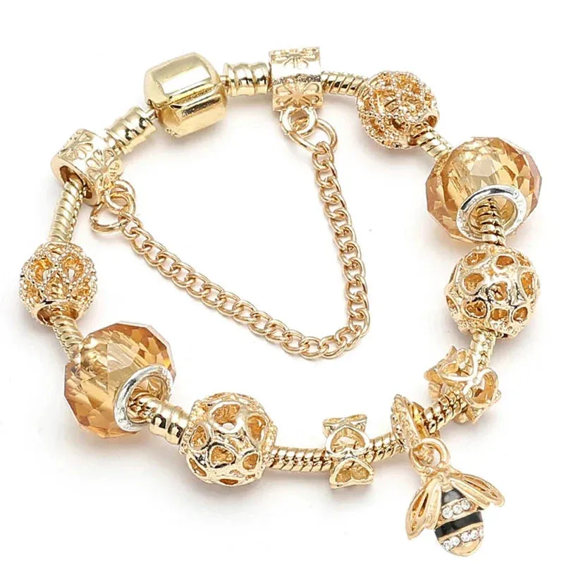 Luxury Crystal Bees Gold Color Charm Bracelet For Girl Murano Glass Beads Fine Bracelet For Women Couple DIY Jewelry Gift
