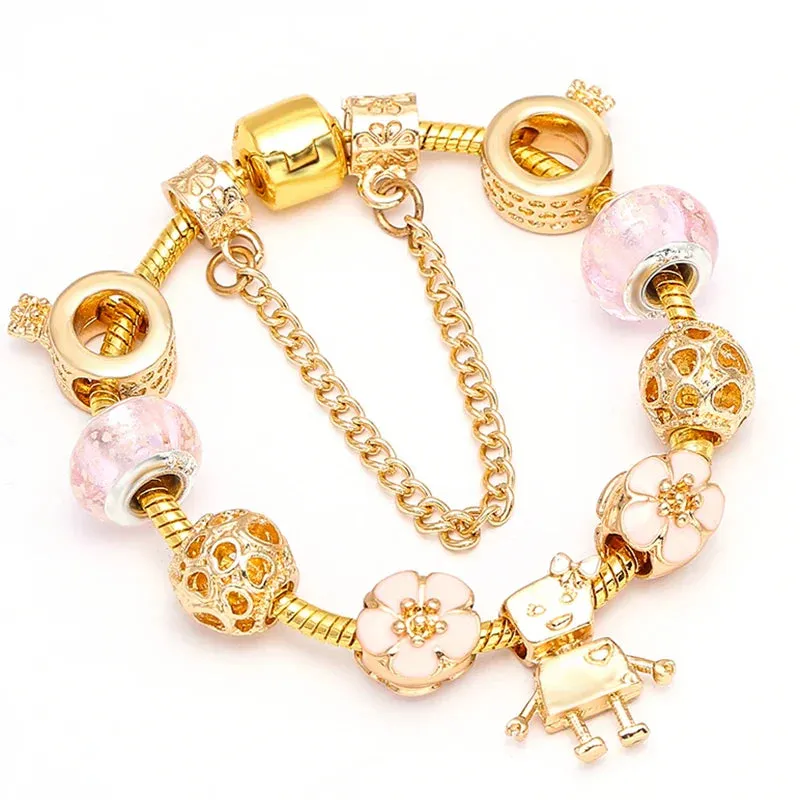Luxury Crystal Bees Gold Color Charm Bracelet For Girl Murano Glass Beads Fine Bracelet For Women Couple DIY Jewelry Gift