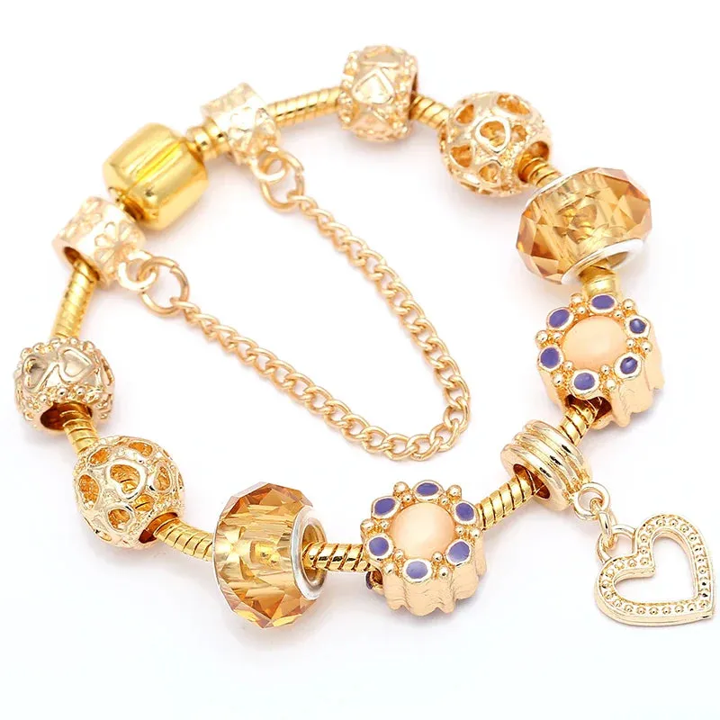 Luxury Crystal Bees Gold Color Charm Bracelet For Girl Murano Glass Beads Fine Bracelet For Women Couple DIY Jewelry Gift