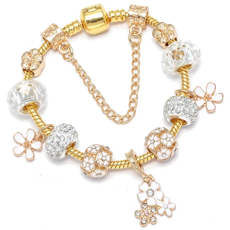 Luxury Crystal Bees Gold Color Charm Bracelet For Girl Murano Glass Beads Fine Bracelet For Women Couple DIY Jewelry Gift