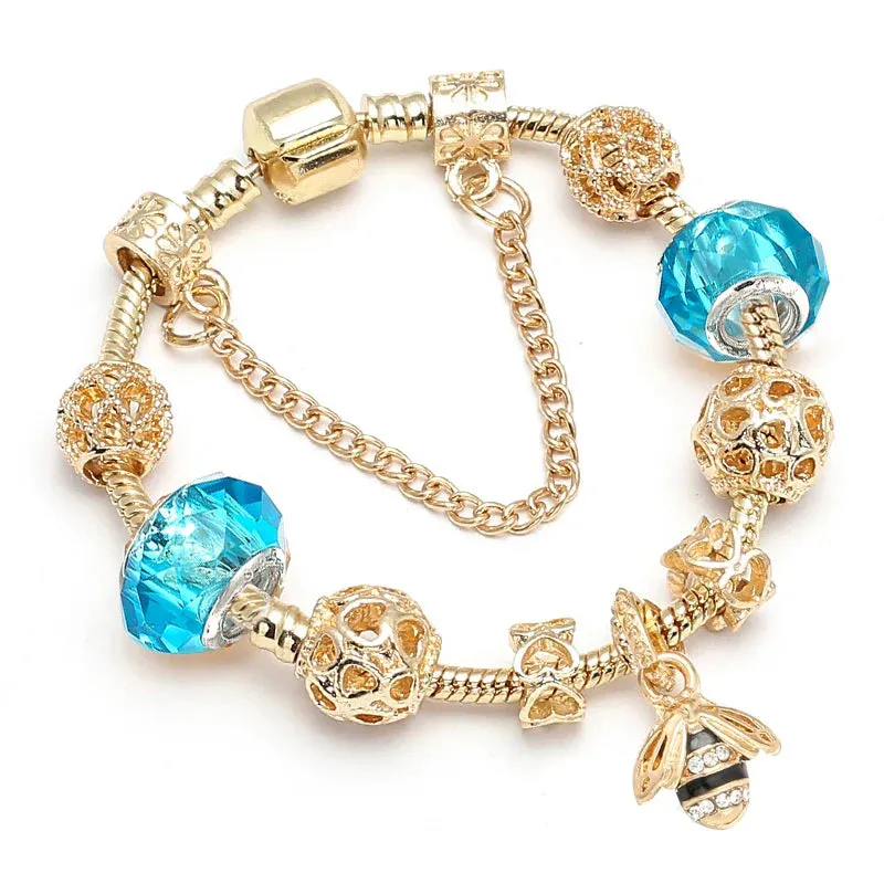 Luxury Crystal Bees Gold Color Charm Bracelet For Girl Murano Glass Beads Fine Bracelet For Women Couple DIY Jewelry Gift