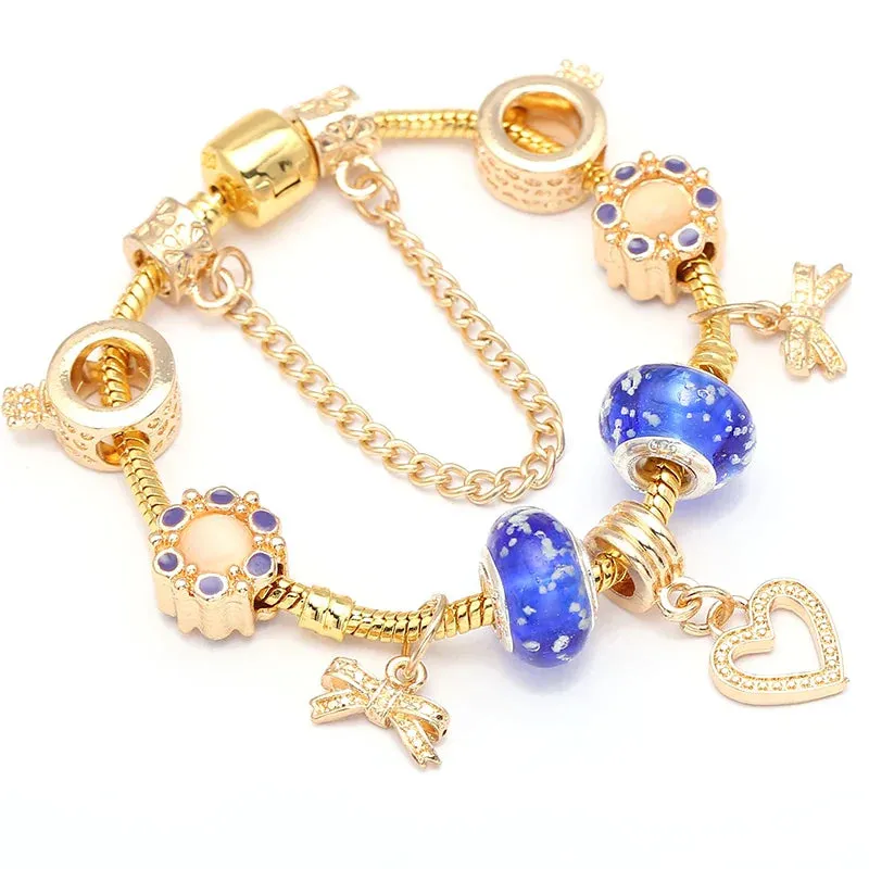 Luxury Crystal Bees Gold Color Charm Bracelet For Girl Murano Glass Beads Fine Bracelet For Women Couple DIY Jewelry Gift