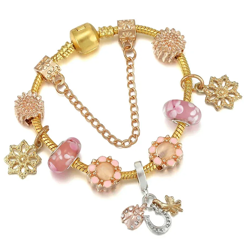 Luxury Crystal Bees Gold Color Charm Bracelet For Girl Murano Glass Beads Fine Bracelet For Women Couple DIY Jewelry Gift