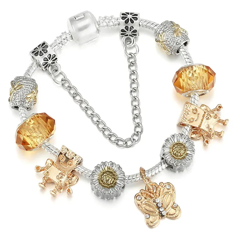 Luxury Crystal Bees Gold Color Charm Bracelet For Girl Murano Glass Beads Fine Bracelet For Women Couple DIY Jewelry Gift