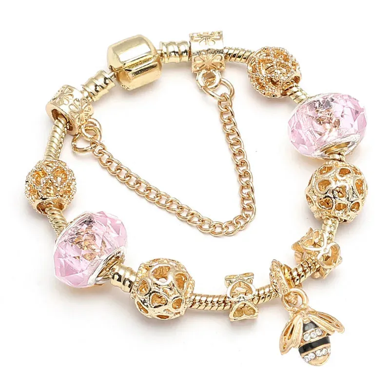Luxury Crystal Bees Gold Color Charm Bracelet For Girl Murano Glass Beads Fine Bracelet For Women Couple DIY Jewelry Gift