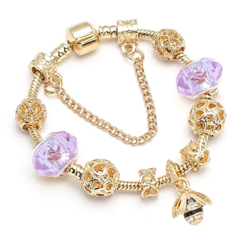 Luxury Crystal Bees Gold Color Charm Bracelet For Girl Murano Glass Beads Fine Bracelet For Women Couple DIY Jewelry Gift