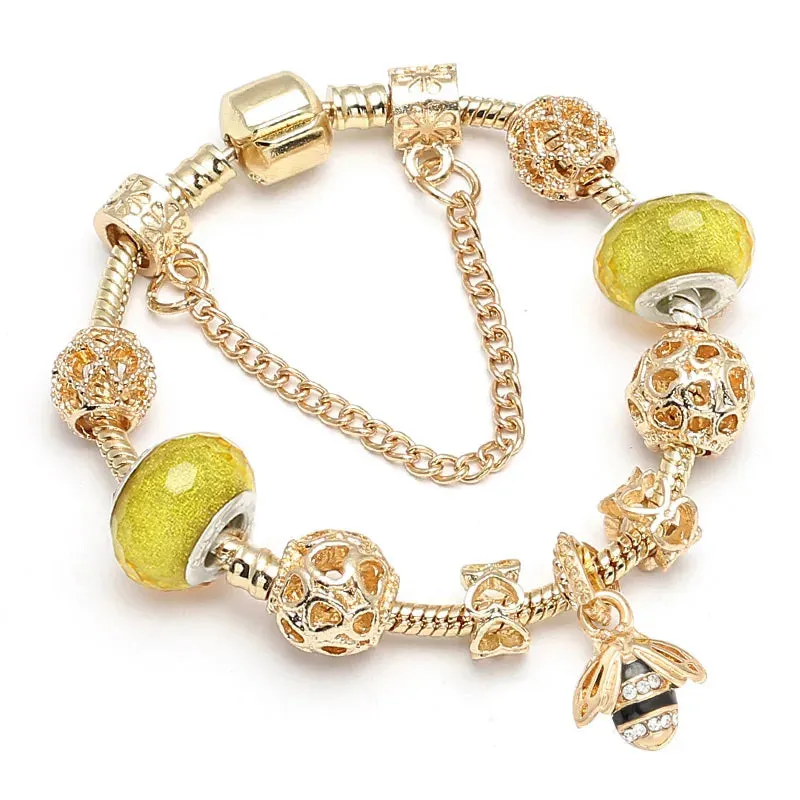 Luxury Crystal Bees Gold Color Charm Bracelet For Girl Murano Glass Beads Fine Bracelet For Women Couple DIY Jewelry Gift