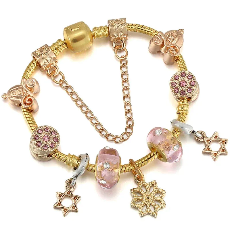 Luxury Crystal Bees Gold Color Charm Bracelet For Girl Murano Glass Beads Fine Bracelet For Women Couple DIY Jewelry Gift