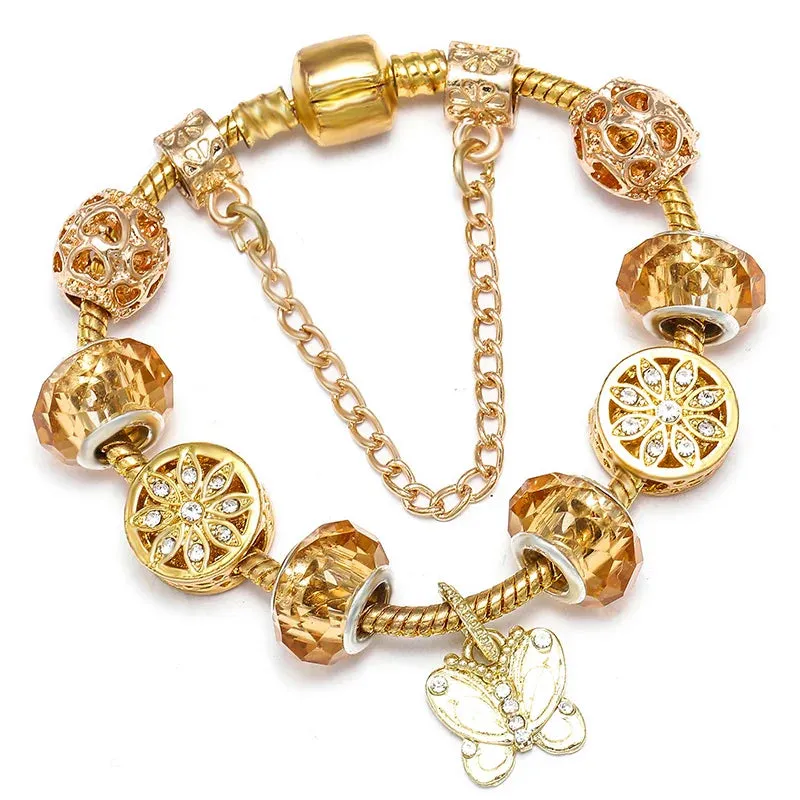 Luxury Crystal Bees Gold Color Charm Bracelet For Girl Murano Glass Beads Fine Bracelet For Women Couple DIY Jewelry Gift