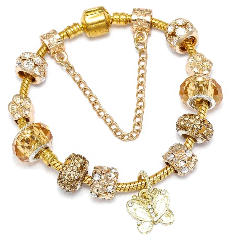 Luxury Crystal Bees Gold Color Charm Bracelet For Girl Murano Glass Beads Fine Bracelet For Women Couple DIY Jewelry Gift