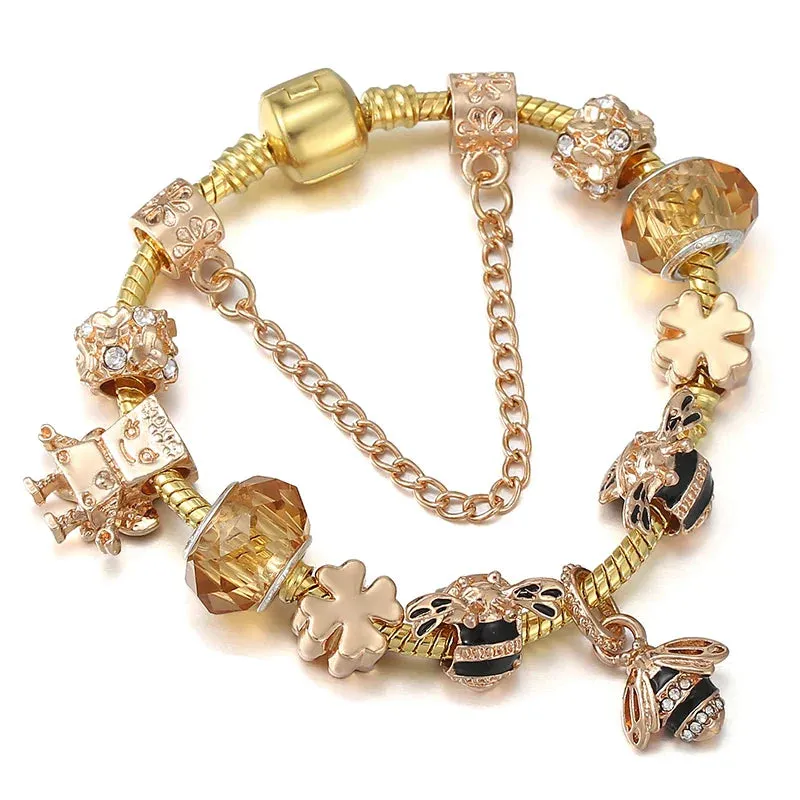 Luxury Crystal Bees Gold Color Charm Bracelet For Girl Murano Glass Beads Fine Bracelet For Women Couple DIY Jewelry Gift
