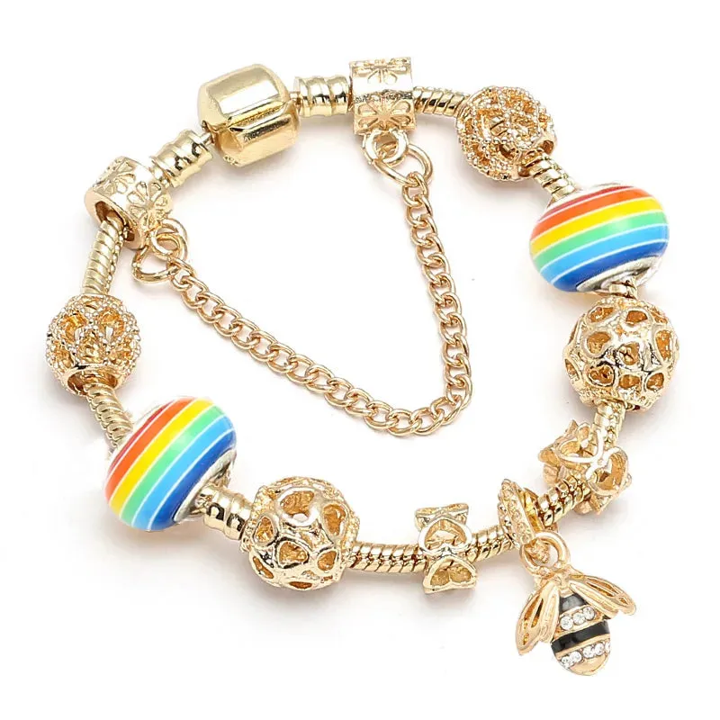 Luxury Crystal Bees Gold Color Charm Bracelet For Girl Murano Glass Beads Fine Bracelet For Women Couple DIY Jewelry Gift
