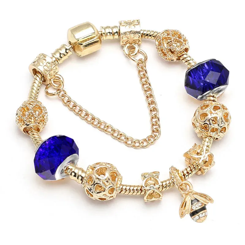 Luxury Crystal Bees Gold Color Charm Bracelet For Girl Murano Glass Beads Fine Bracelet For Women Couple DIY Jewelry Gift