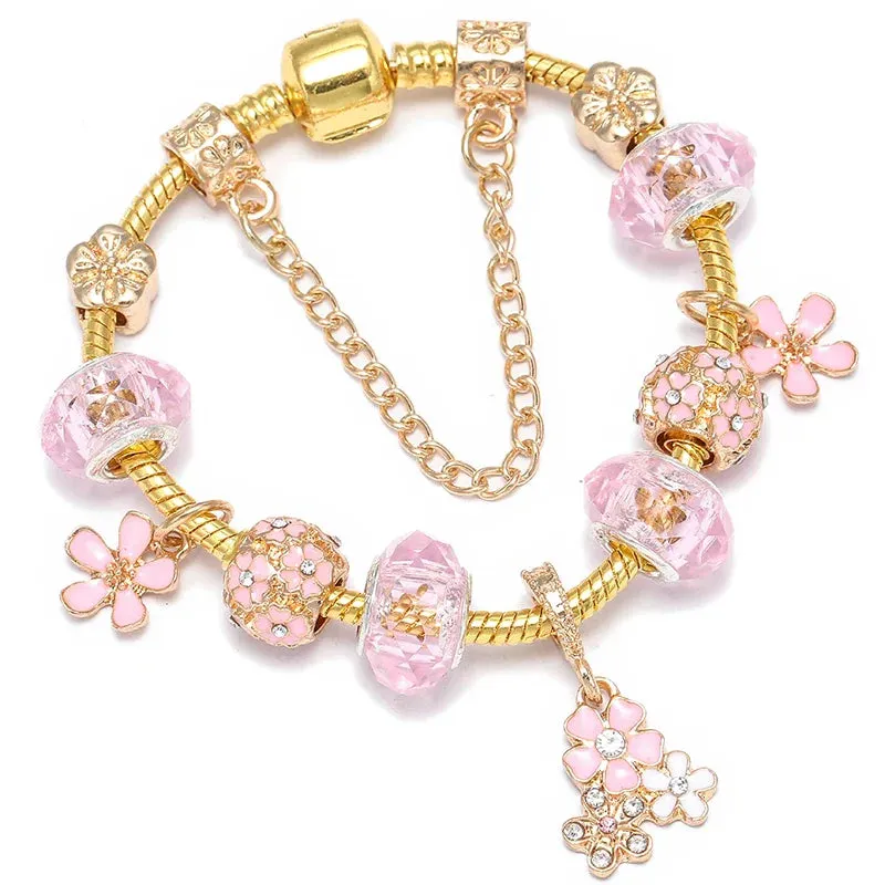 Luxury Crystal Bees Gold Color Charm Bracelet For Girl Murano Glass Beads Fine Bracelet For Women Couple DIY Jewelry Gift
