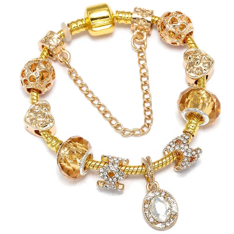 Luxury Crystal Bees Gold Color Charm Bracelet For Girl Murano Glass Beads Fine Bracelet For Women Couple DIY Jewelry Gift