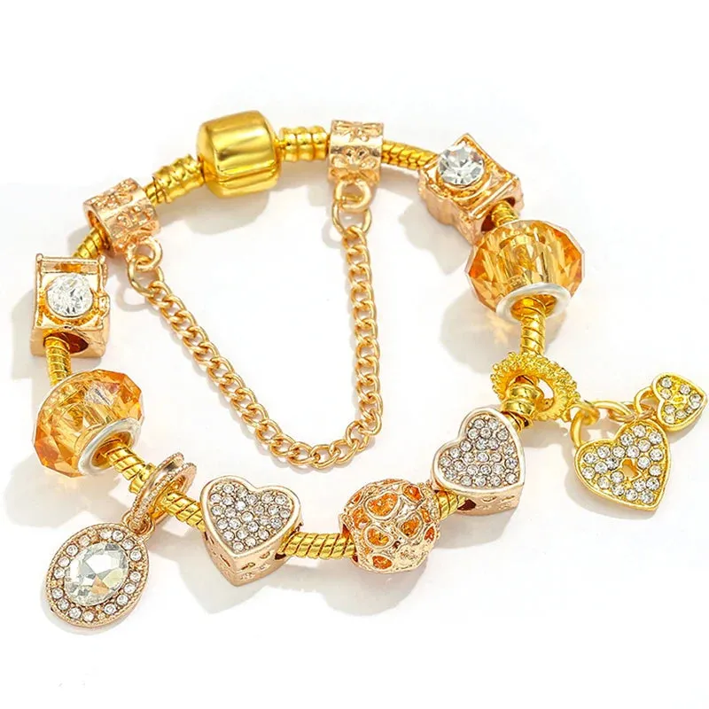 Luxury Crystal Bees Gold Color Charm Bracelet For Girl Murano Glass Beads Fine Bracelet For Women Couple DIY Jewelry Gift