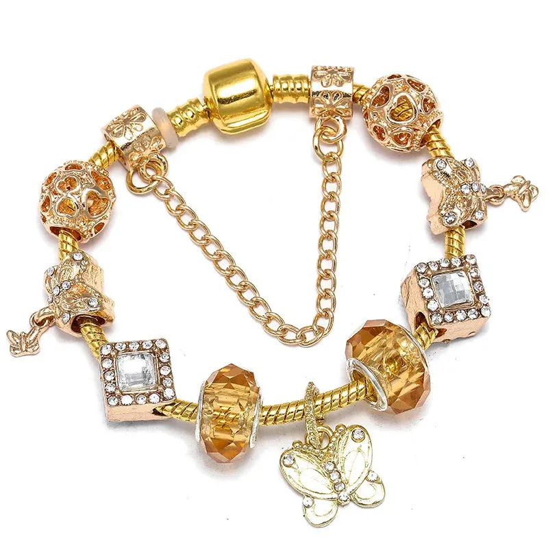 Luxury Crystal Bees Gold Color Charm Bracelet For Girl Murano Glass Beads Fine Bracelet For Women Couple DIY Jewelry Gift