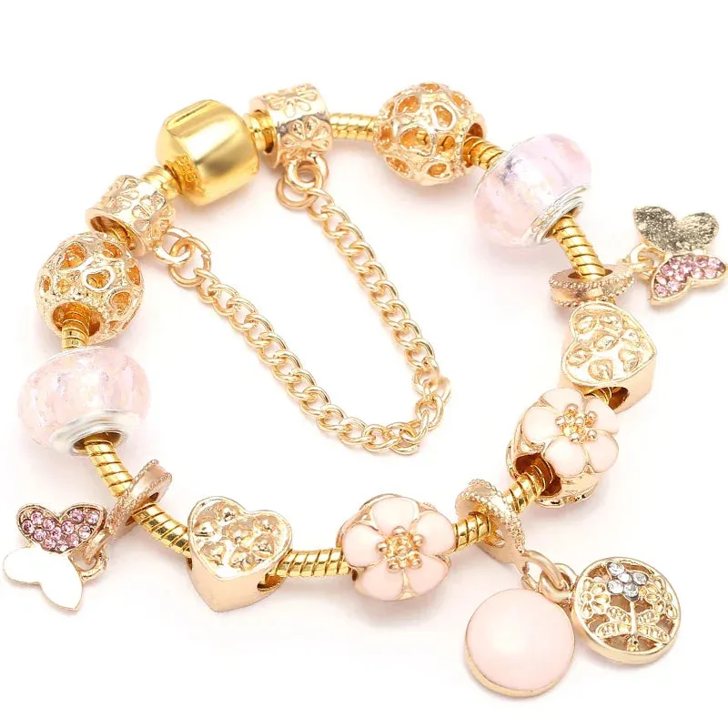Luxury Crystal Bees Gold Color Charm Bracelet For Girl Murano Glass Beads Fine Bracelet For Women Couple DIY Jewelry Gift