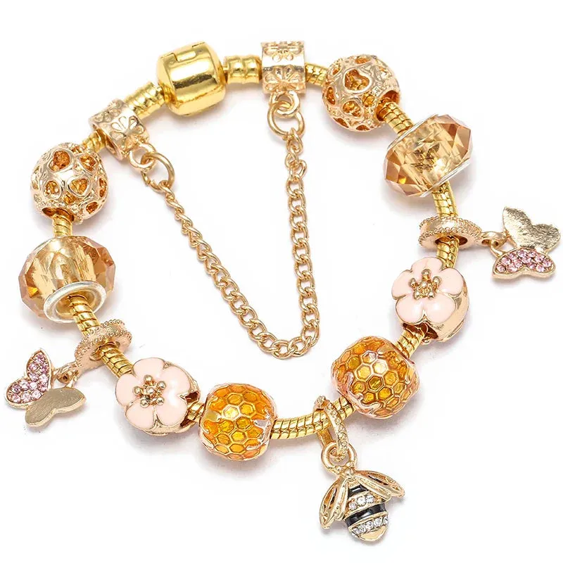 Luxury Crystal Bees Gold Color Charm Bracelet For Girl Murano Glass Beads Fine Bracelet For Women Couple DIY Jewelry Gift