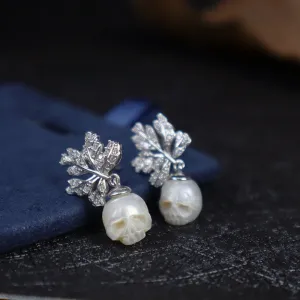 Maple Leaf Pearl Skull CZ Stud Earrings