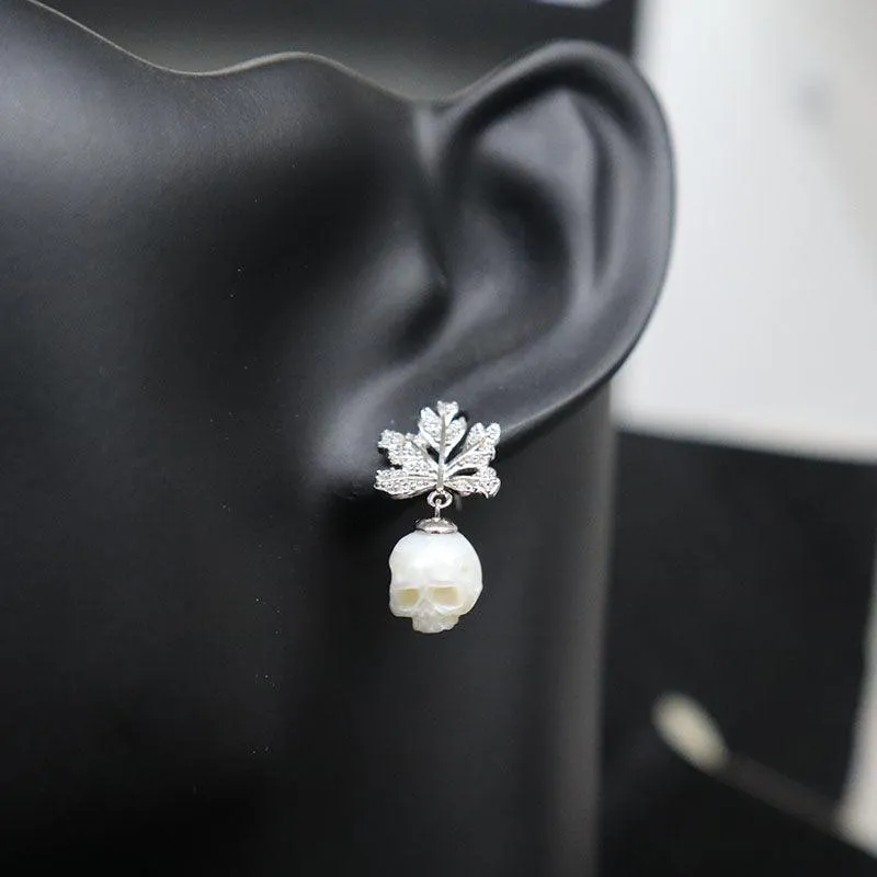 Maple Leaf Pearl Skull CZ Stud Earrings