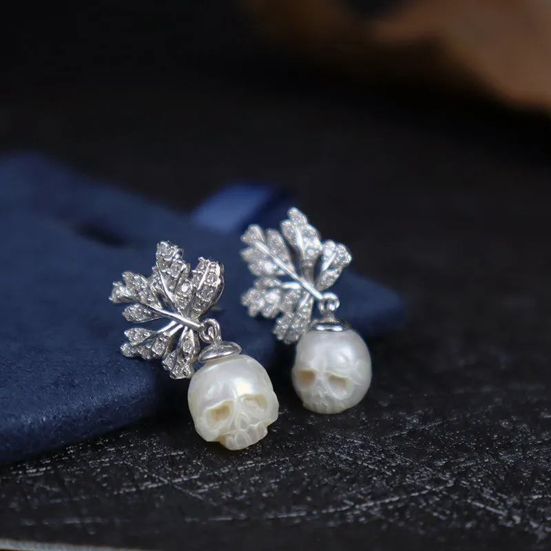 Maple Leaf Pearl Skull CZ Stud Earrings