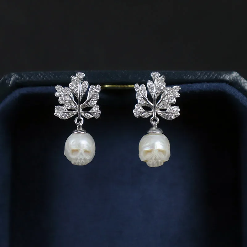 Maple Leaf Pearl Skull CZ Stud Earrings