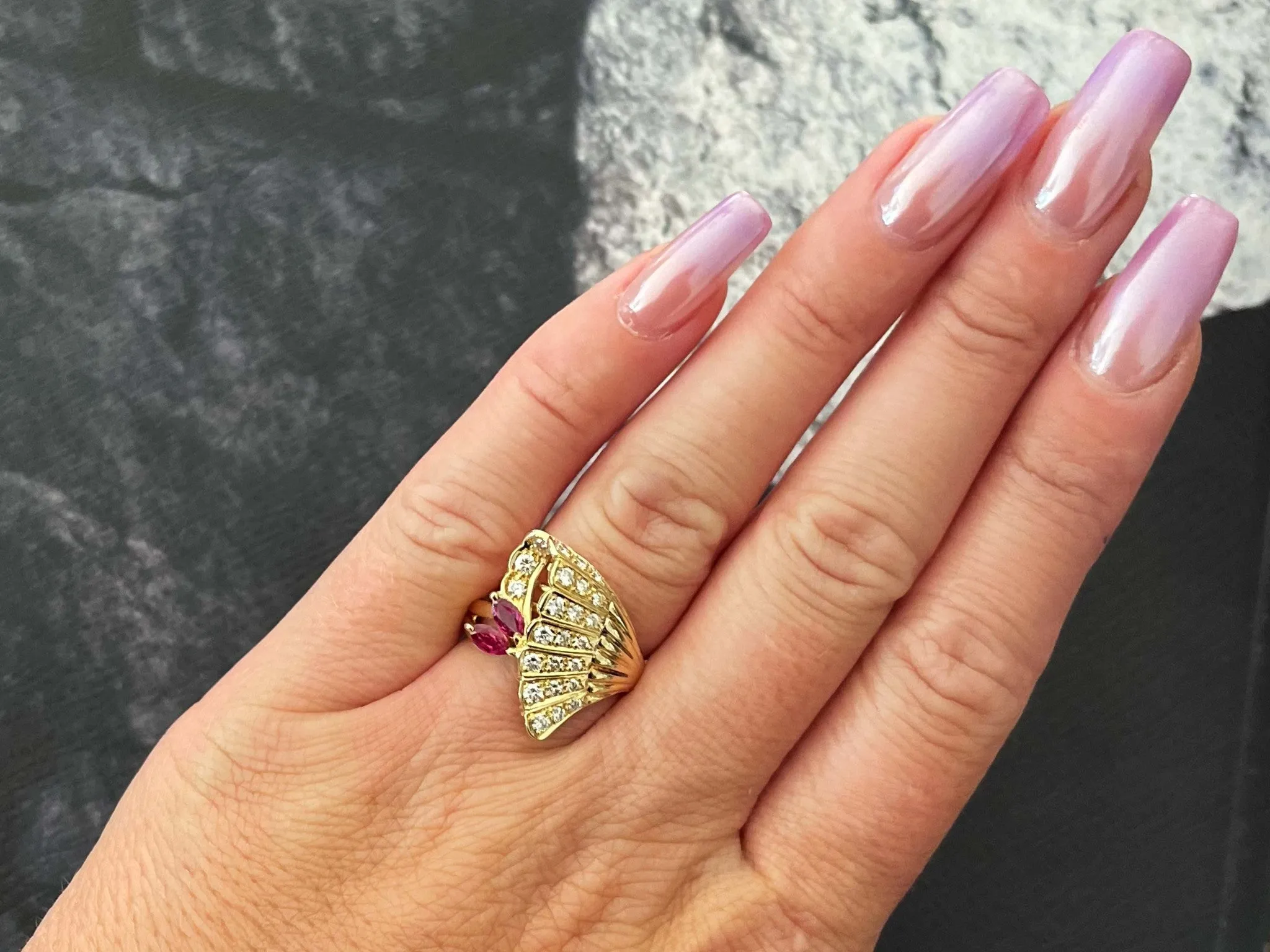 Marquise Red Ruby Diamond Cocktail Ring Solid 18k Yellow Gold