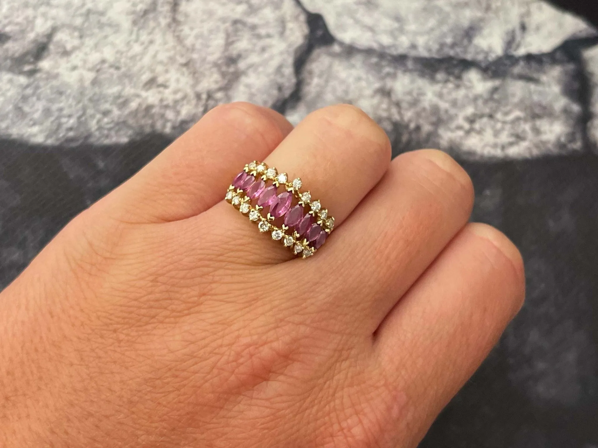 Marquise Ruby and Diamond Border Triple Row Ring in 14k Yellow Gold