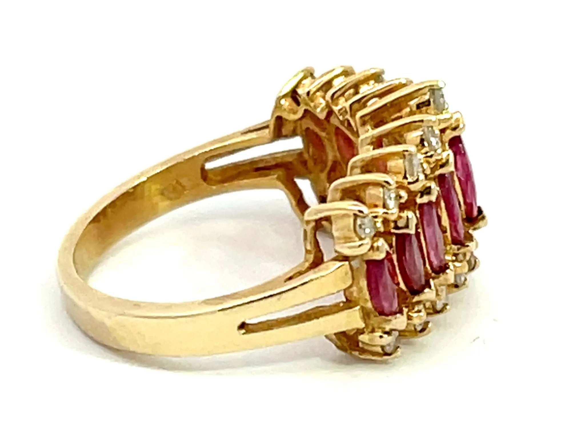 Marquise Ruby and Diamond Border Triple Row Ring in 14k Yellow Gold