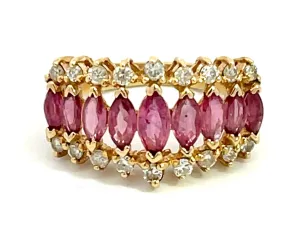 Marquise Ruby and Diamond Border Triple Row Ring in 14k Yellow Gold