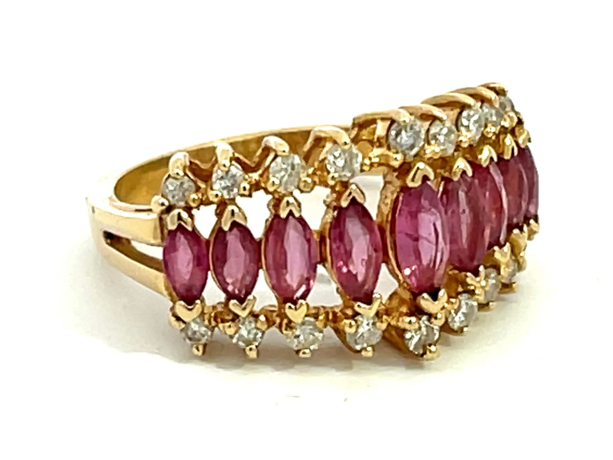 Marquise Ruby and Diamond Border Triple Row Ring in 14k Yellow Gold
