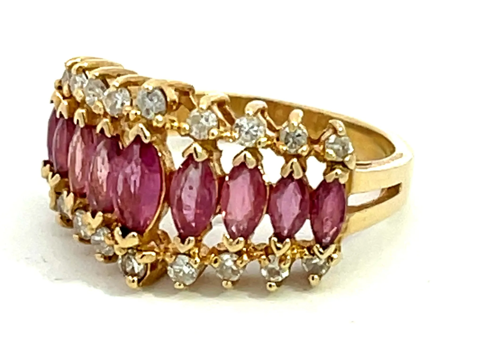 Marquise Ruby and Diamond Border Triple Row Ring in 14k Yellow Gold