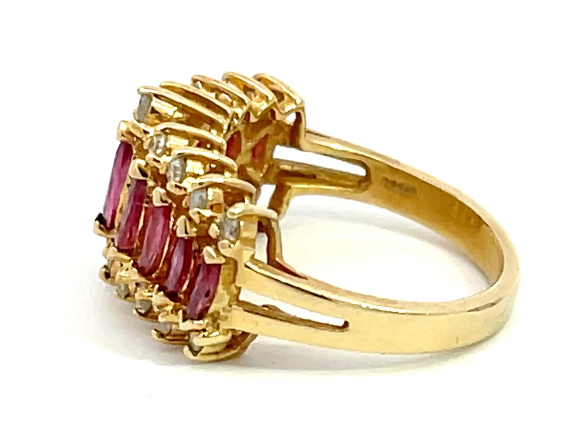 Marquise Ruby and Diamond Border Triple Row Ring in 14k Yellow Gold