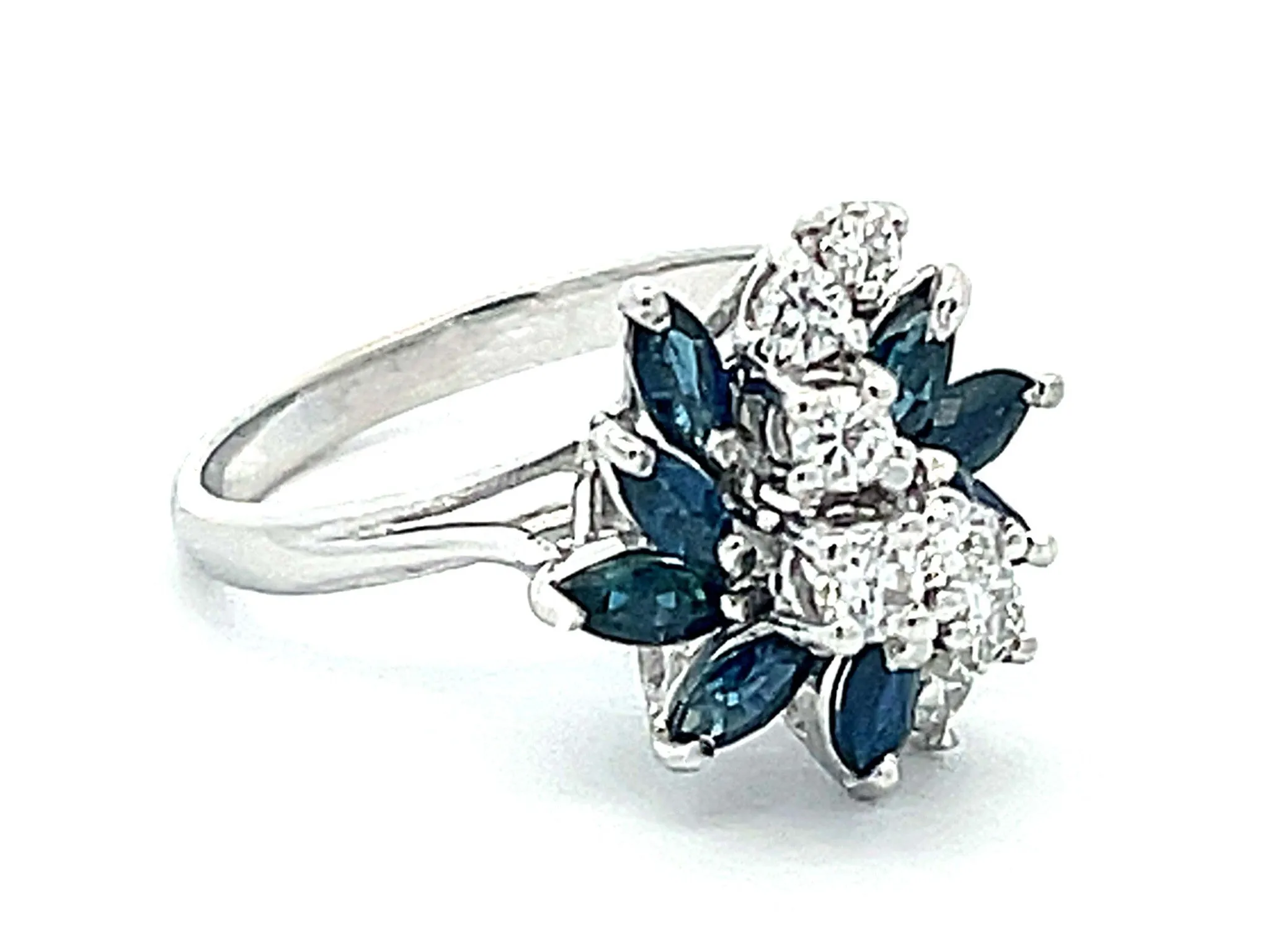 Marquise Sapphire and Diamond Flower Ring in 14k White Gold