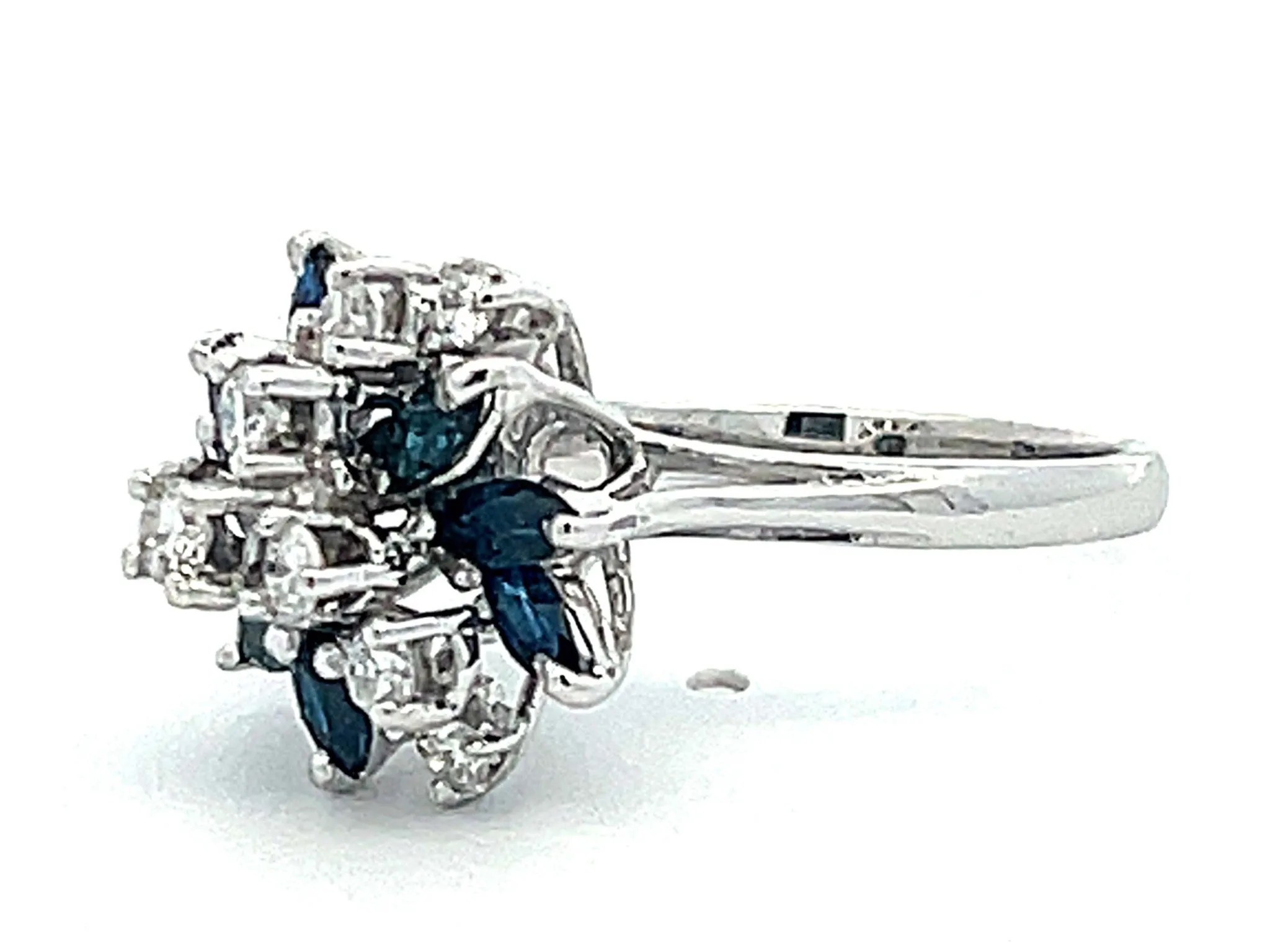 Marquise Sapphire and Diamond Flower Ring in 14k White Gold