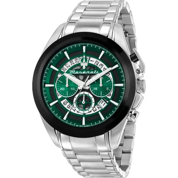 Maserati Traguardo Silver Stainless Steel Green Dial Quartz Watch for Gents - R8873612060