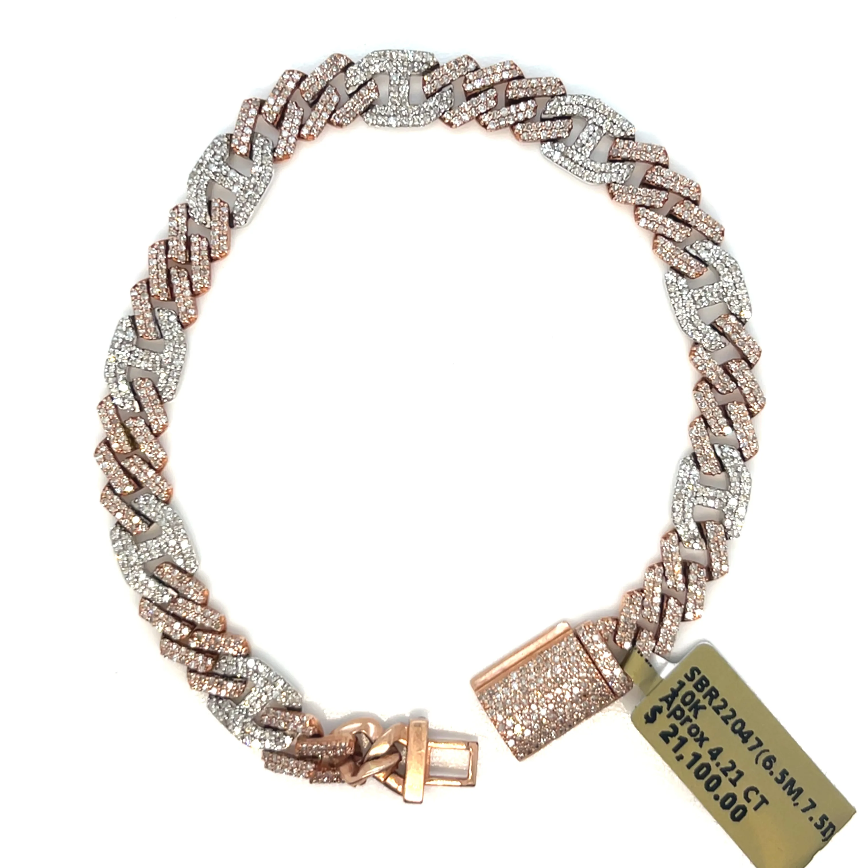 Men's 10k White-Rose Cuban 6.5mm Gucci Link  4.21ct Natural Diamond 7.5" Bracelet - SBR22047