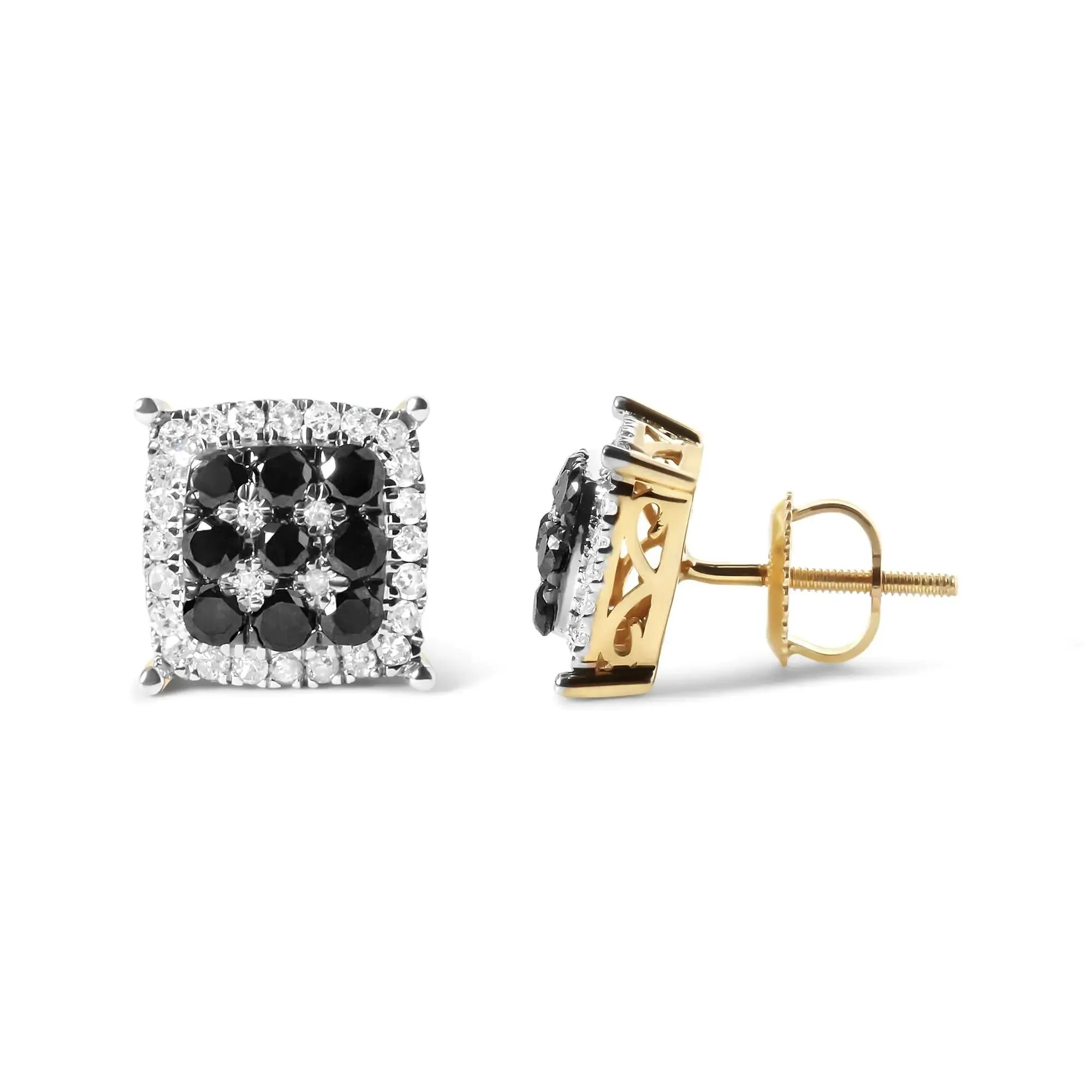 Men's 10K Yellow Gold 7/8 Cttw White and Black Treated Diamond Earring (Black / I-J Color, I2-I3 Clarity)