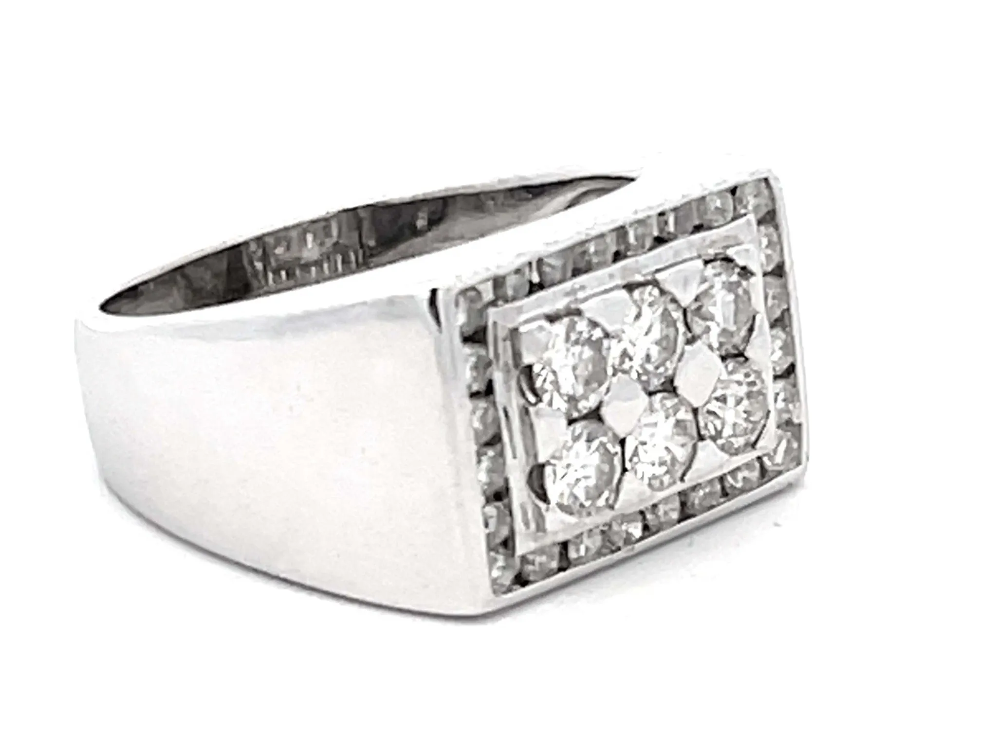 Mens 6 Diamond Center Ring with Square Diamond Halo in 18k White Gold