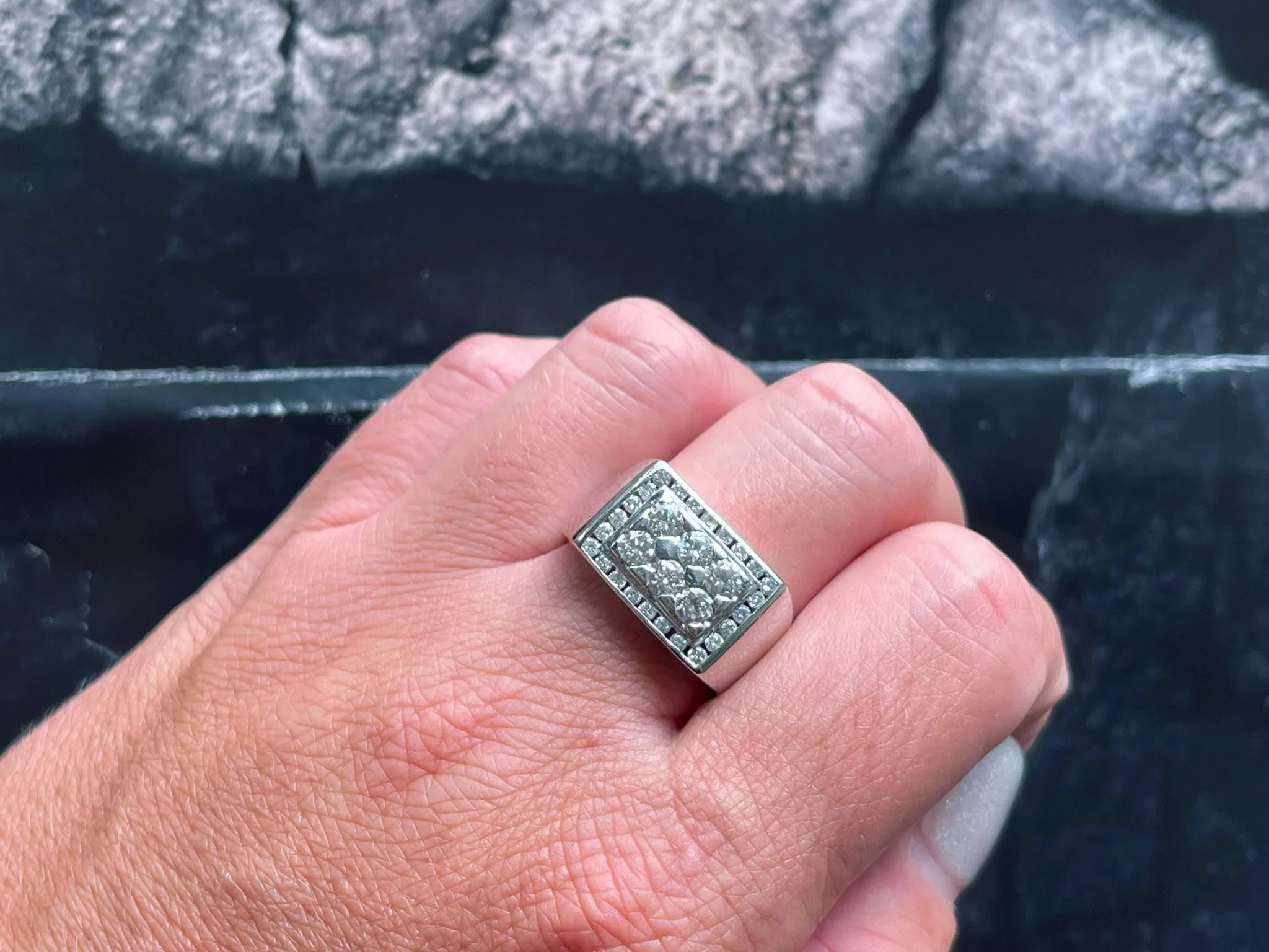 Mens 6 Diamond Center Ring with Square Diamond Halo in 18k White Gold