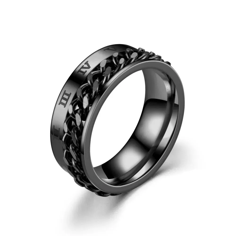 Men's Black Stainless Steel Spinner Ring – Roman Numerals Fidget Anxiety Band