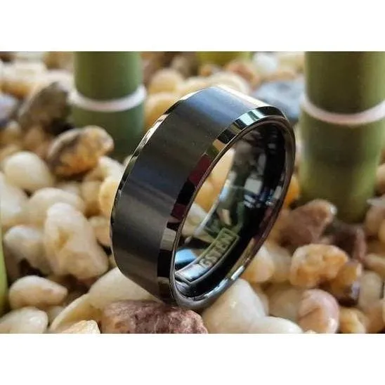 Men's Black Tungsten Ring w/ Brushed Finish and High Polished Beveled Edges 6mm & 8mm