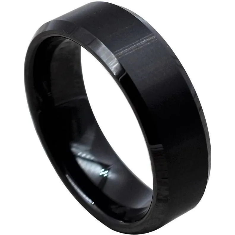 Men's Black Tungsten Ring w/ Brushed Finish and High Polished Beveled Edges 6mm & 8mm
